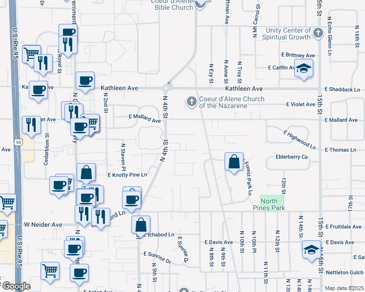 map of restaurants, bars, coffee shops, grocery stores, and more near 743 East Whispering Pines Lane in Coeur d'Alene