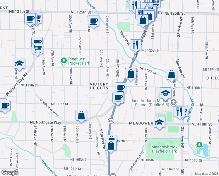 map of restaurants, bars, coffee shops, grocery stores, and more near 2519 Northeast 115th Street in Seattle