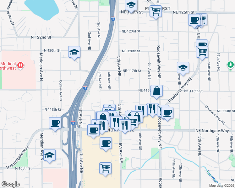 map of restaurants, bars, coffee shops, grocery stores, and more near 11353 5th Avenue Northeast in Seattle