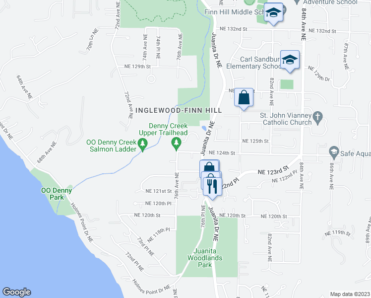 map of restaurants, bars, coffee shops, grocery stores, and more near 7610 Northeast 124th Street in Kirkland