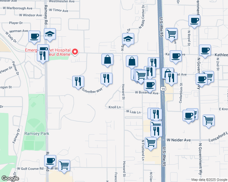 map of restaurants, bars, coffee shops, grocery stores, and more near 4427 Meadow Ranch Avenue in Coeur d'Alene
