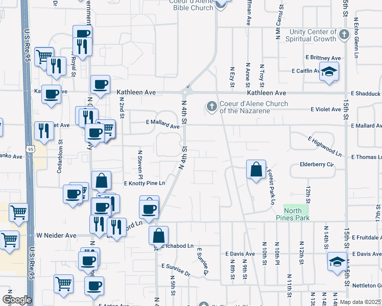 map of restaurants, bars, coffee shops, grocery stores, and more near 623 East Whispering Pines Lane in Coeur d'Alene