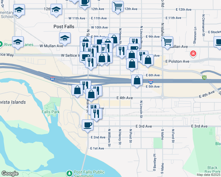 map of restaurants, bars, coffee shops, grocery stores, and more near 310 East 5th Avenue in Post Falls
