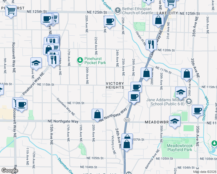 map of restaurants, bars, coffee shops, grocery stores, and more near 2301 Northeast 115th Street in Seattle