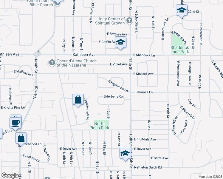 map of restaurants, bars, coffee shops, grocery stores, and more near 1213 East Shorewood Court in Coeur d'Alene