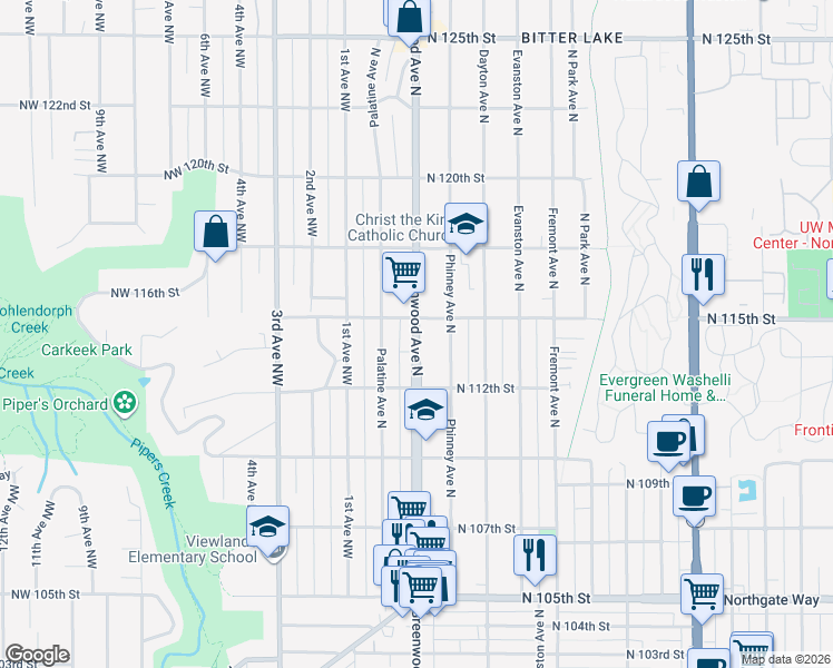 map of restaurants, bars, coffee shops, grocery stores, and more near 11250 Greenwood Avenue North in Seattle