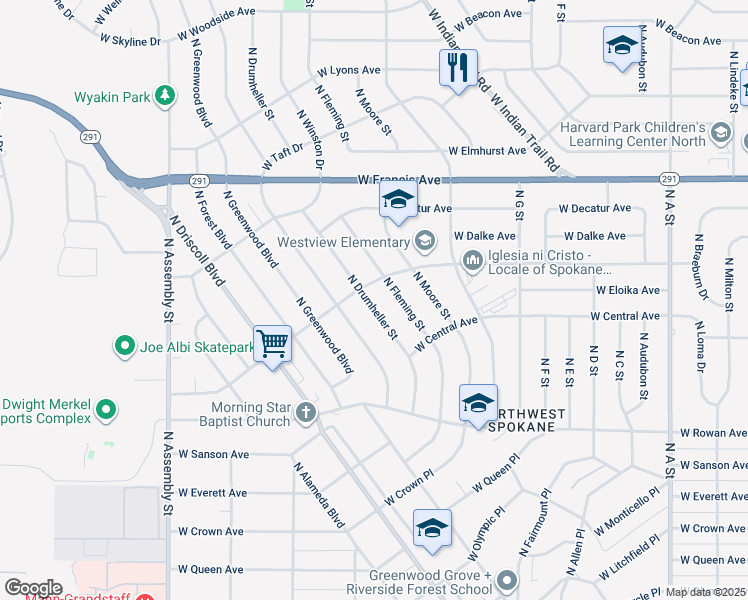 map of restaurants, bars, coffee shops, grocery stores, and more near 5640 North Drumheller Street in Spokane