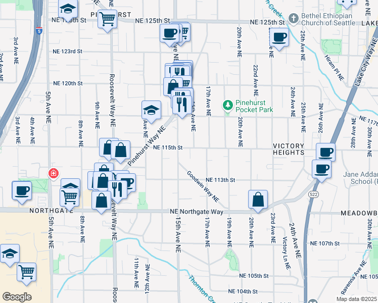 map of restaurants, bars, coffee shops, grocery stores, and more near 1517 Northeast 115th Street in Seattle