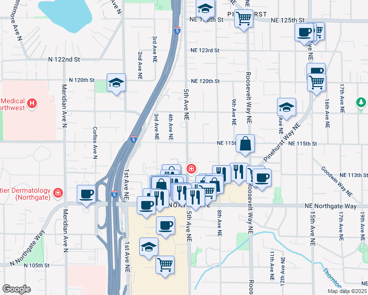 map of restaurants, bars, coffee shops, grocery stores, and more near 11353 5th Avenue Northeast in Seattle