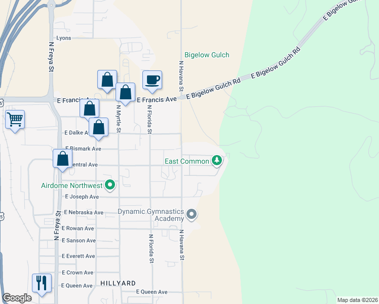 map of restaurants, bars, coffee shops, grocery stores, and more near 4311 East Vantage Lane in Spokane