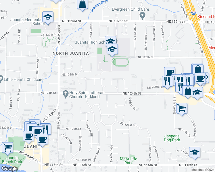 map of restaurants, bars, coffee shops, grocery stores, and more near 10515 Northeast 124th Court in Kirkland