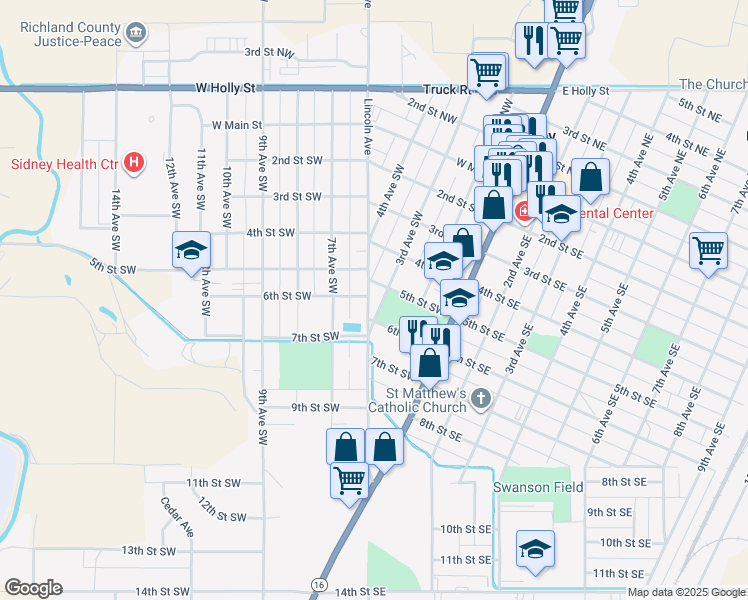 map of restaurants, bars, coffee shops, grocery stores, and more near 511 3rd Avenue Southwest in Sidney