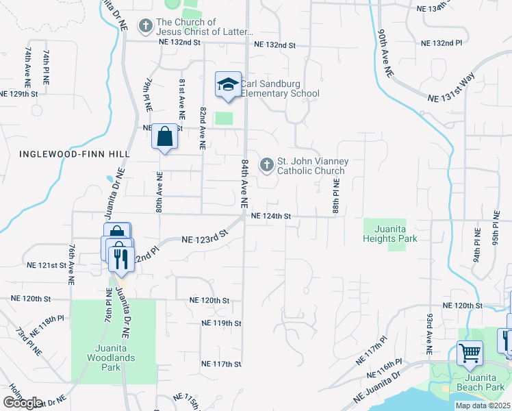 map of restaurants, bars, coffee shops, grocery stores, and more near 8410 Northeast 124th Street in Kirkland
