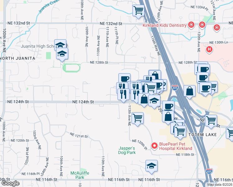 map of restaurants, bars, coffee shops, grocery stores, and more near 12429 111th Lane Northeast in Kirkland