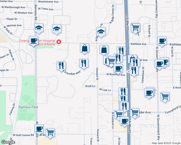 map of restaurants, bars, coffee shops, grocery stores, and more near 4431 Meadow Ranch Avenue in Coeur d'Alene