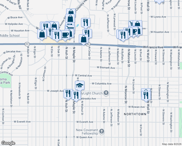 map of restaurants, bars, coffee shops, grocery stores, and more near 1340 West Central Avenue in Spokane