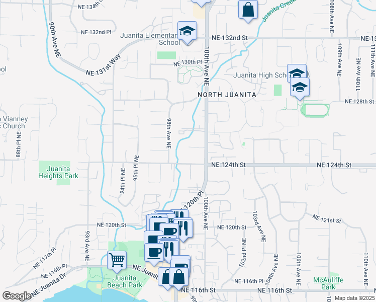 map of restaurants, bars, coffee shops, grocery stores, and more near 9900 Northeast 124th Street in Kirkland