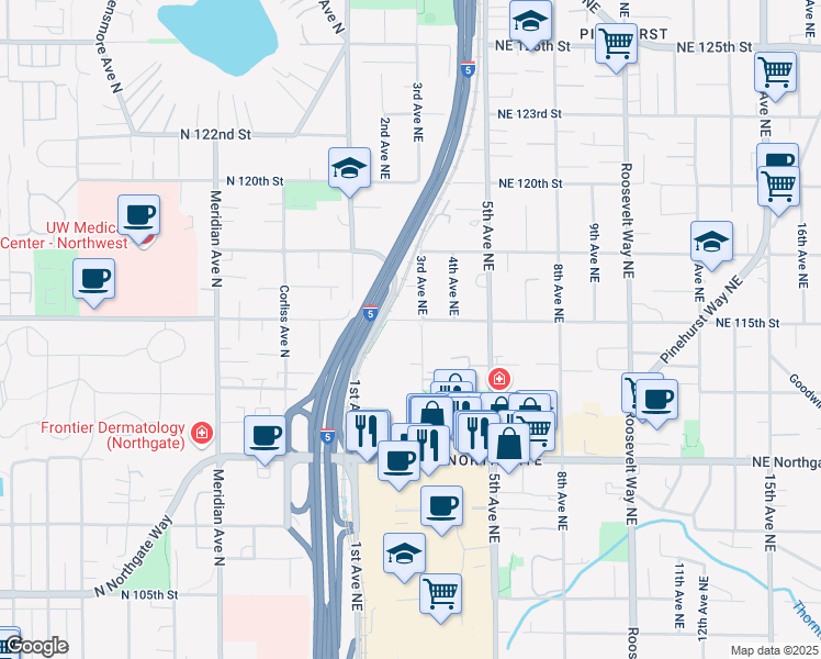 map of restaurants, bars, coffee shops, grocery stores, and more near 151 Northeast 115th Street in Seattle