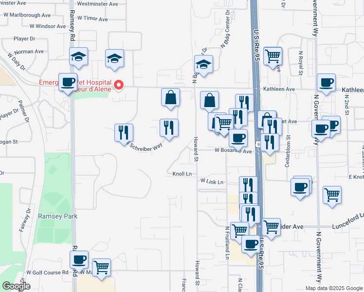 map of restaurants, bars, coffee shops, grocery stores, and more near 4431 Meadow Ranch Avenue in Coeur d'Alene