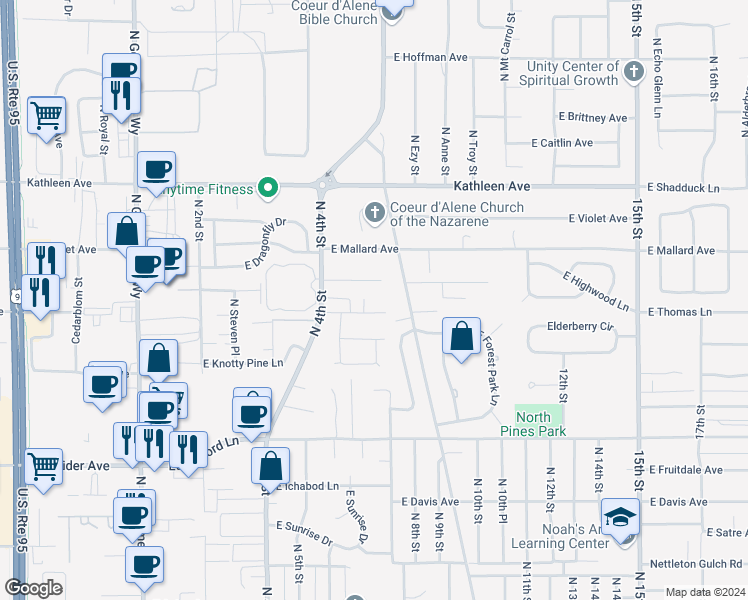 map of restaurants, bars, coffee shops, grocery stores, and more near 743 East Whispering Pines Lane in Coeur d'Alene