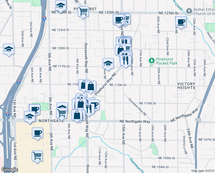map of restaurants, bars, coffee shops, grocery stores, and more near 11358 12th Avenue Northeast in Seattle