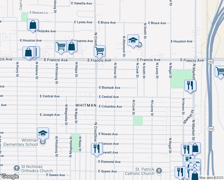 map of restaurants, bars, coffee shops, grocery stores, and more near 2224 East Bismark Avenue in Spokane