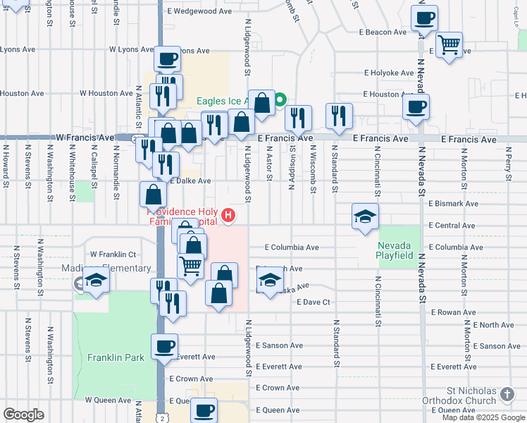 map of restaurants, bars, coffee shops, grocery stores, and more near 5915 North Astor Street in Spokane