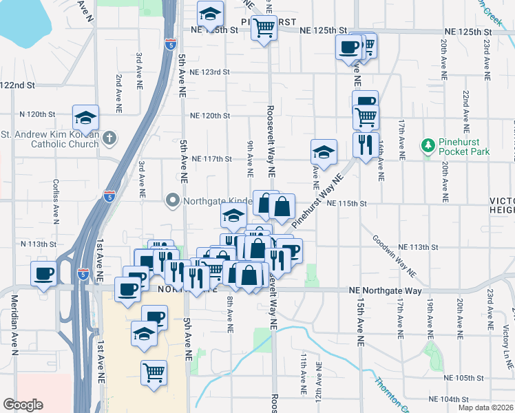 map of restaurants, bars, coffee shops, grocery stores, and more near 909 Northeast 115th Street in Seattle