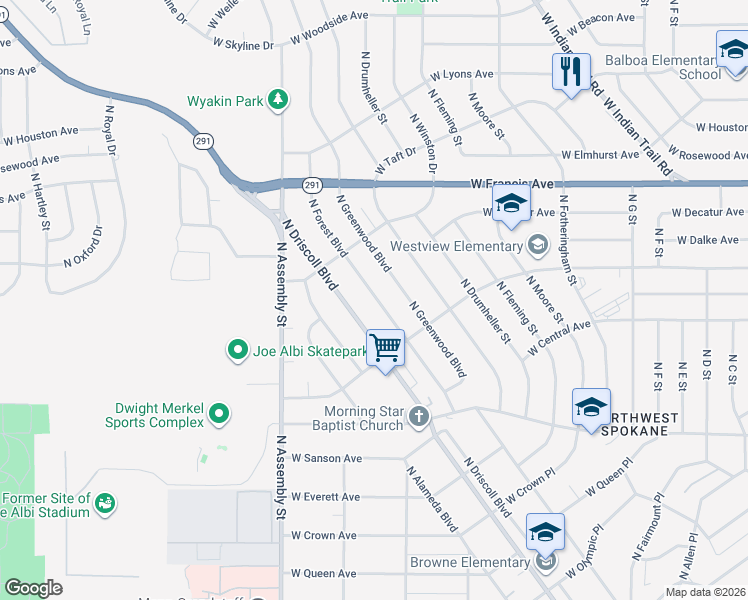 map of restaurants, bars, coffee shops, grocery stores, and more near 5804 North Forest Boulevard in Spokane