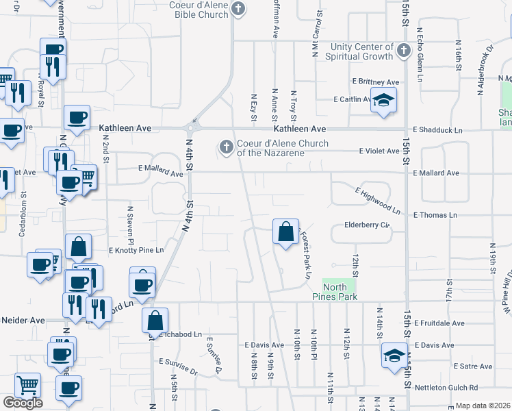 map of restaurants, bars, coffee shops, grocery stores, and more near 3854 North Honeysuckle Drive in Coeur d'Alene