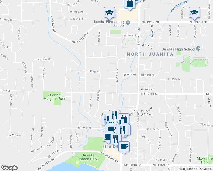map of restaurants, bars, coffee shops, grocery stores, and more near Northeast 124th Place in Kirkland