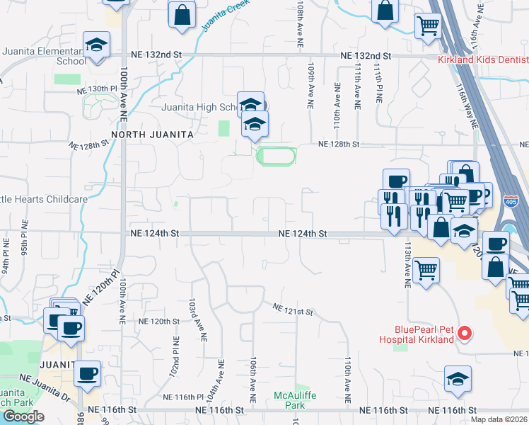 map of restaurants, bars, coffee shops, grocery stores, and more near 12423 106th Place Northeast in Kirkland