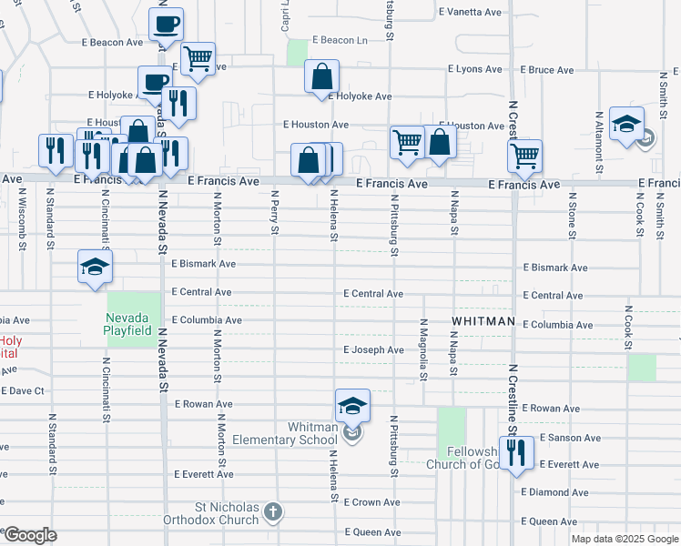 map of restaurants, bars, coffee shops, grocery stores, and more near 1604 E Bismark Ave in Spokane