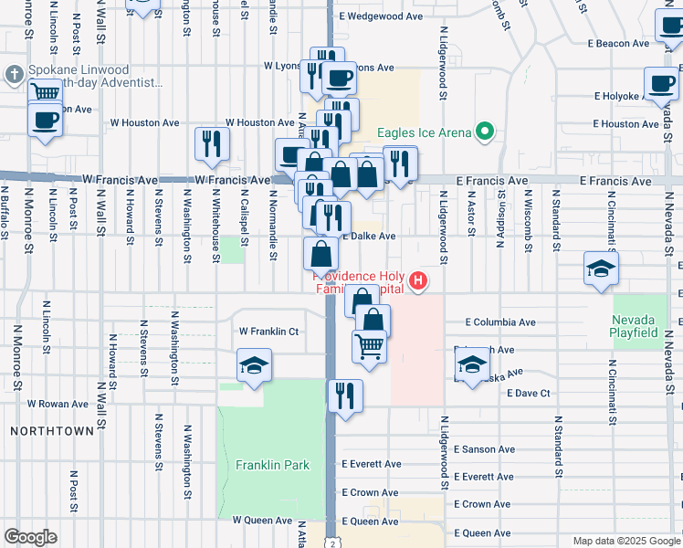 map of restaurants, bars, coffee shops, grocery stores, and more near 5924 North Division Street in Spokane