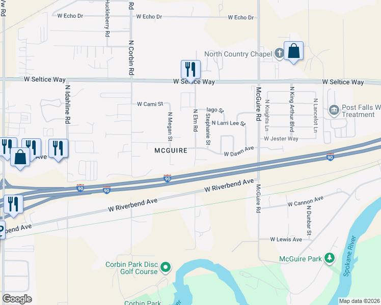 map of restaurants, bars, coffee shops, grocery stores, and more near 505 North Elm Road in Post Falls