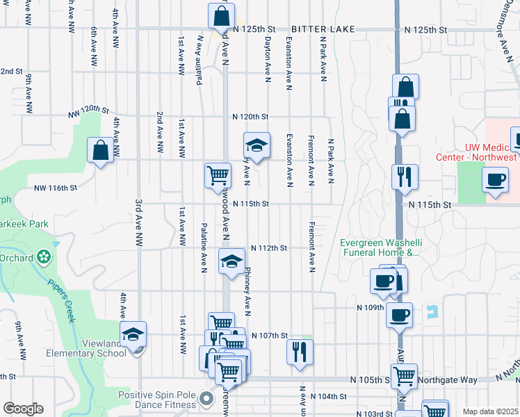 map of restaurants, bars, coffee shops, grocery stores, and more near 415 North 115th Street in Seattle