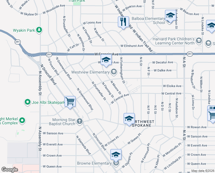 map of restaurants, bars, coffee shops, grocery stores, and more near 5908 North Fleming Street in Spokane