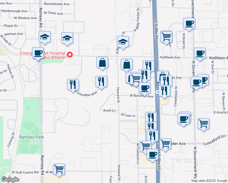 map of restaurants, bars, coffee shops, grocery stores, and more near 4465 North Meadow Ranch Avenue in Coeur d'Alene