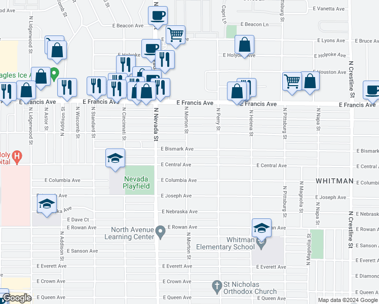 map of restaurants, bars, coffee shops, grocery stores, and more near 1204 East Bismark Avenue in Spokane