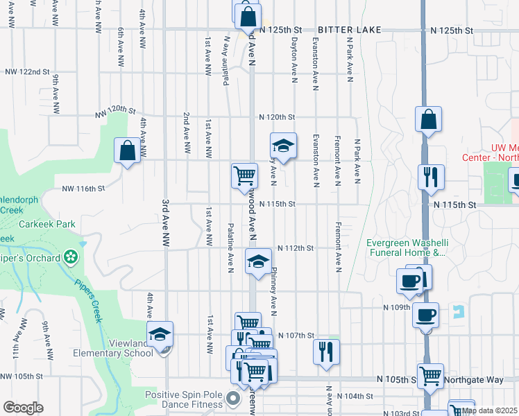 map of restaurants, bars, coffee shops, grocery stores, and more near 11250 Greenwood Avenue North in Seattle