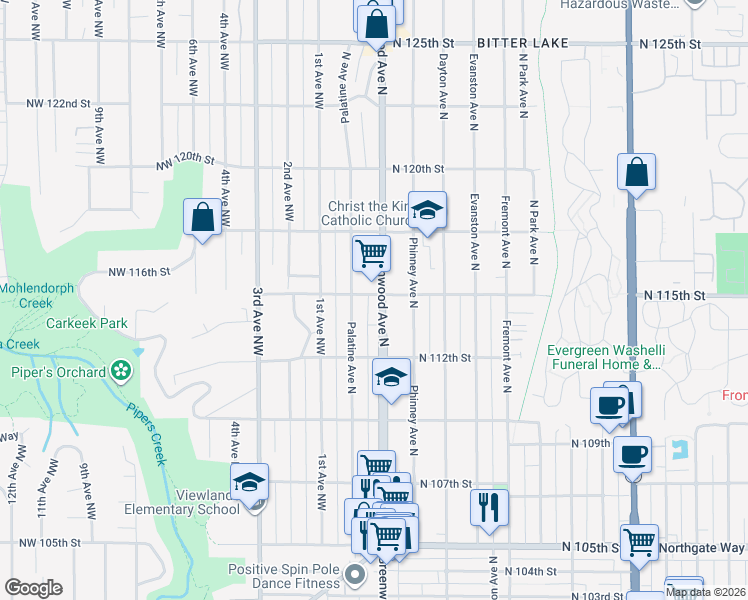 map of restaurants, bars, coffee shops, grocery stores, and more near 11250 Palatine Avenue North in Seattle
