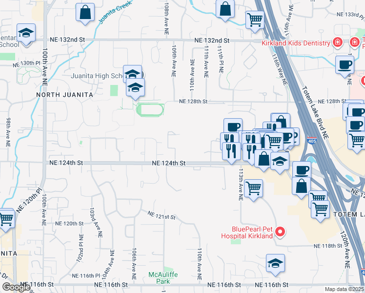 map of restaurants, bars, coffee shops, grocery stores, and more near 12431 110th Lane Northeast in Kirkland