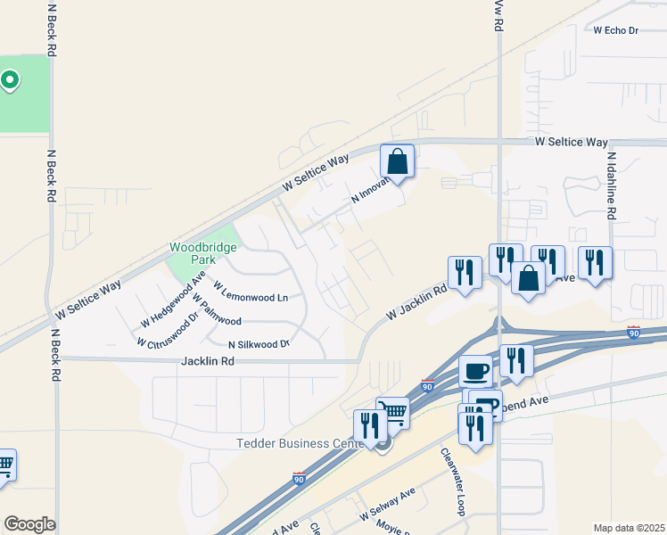 map of restaurants, bars, coffee shops, grocery stores, and more near 415 North Silkwood Drive in Post Falls