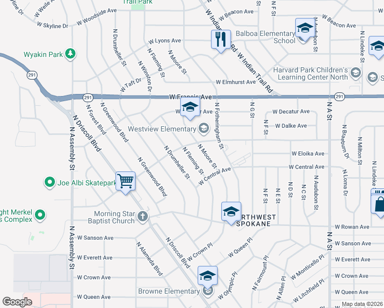 map of restaurants, bars, coffee shops, grocery stores, and more near 5908 North Fleming Street in Spokane