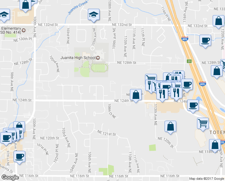 map of restaurants, bars, coffee shops, grocery stores, and more near 12431 110th Lane Northeast in Kirkland