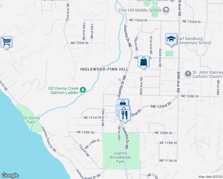 map of restaurants, bars, coffee shops, grocery stores, and more near 7610 Northeast 124th Street in Kirkland