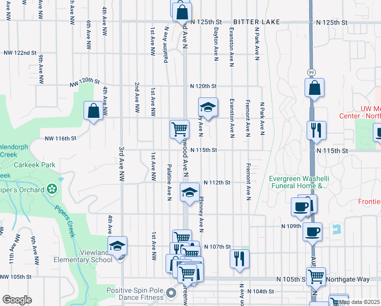 map of restaurants, bars, coffee shops, grocery stores, and more near 11250 Greenwood Avenue North in Seattle