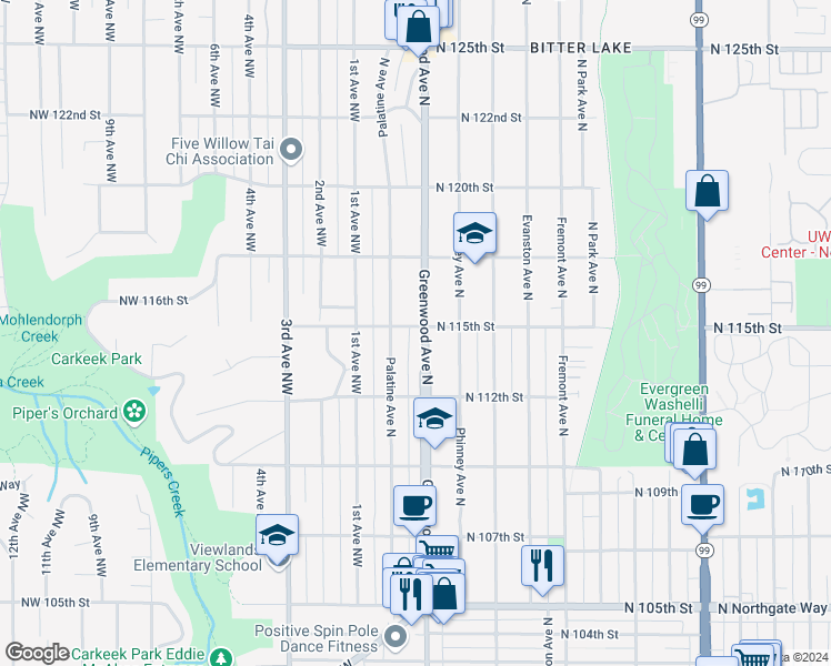 map of restaurants, bars, coffee shops, grocery stores, and more near 11250 Palatine Avenue North in Seattle