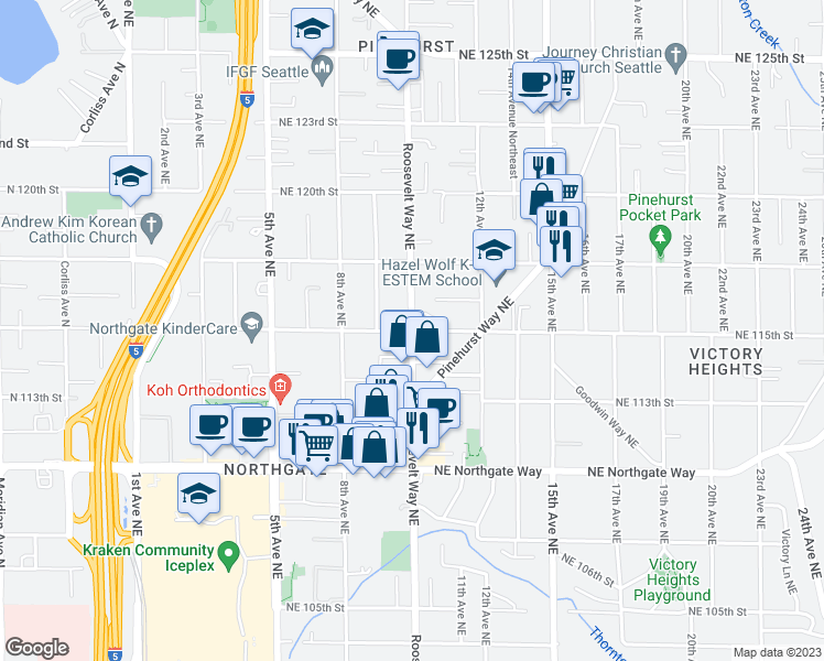 map of restaurants, bars, coffee shops, grocery stores, and more near Roosevelt Way Northeast in Seattle
