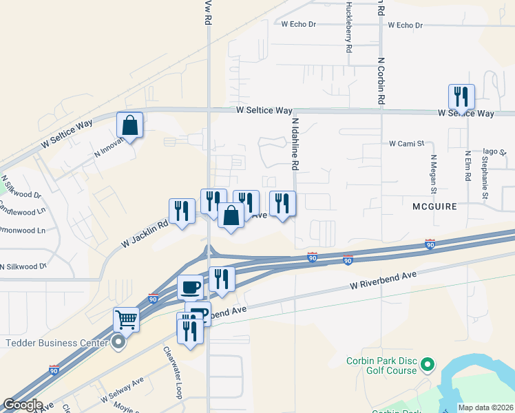 map of restaurants, bars, coffee shops, grocery stores, and more near 3773 West 5th Avenue in Post Falls